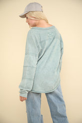 VERY J Women's Washed V-Neck Knit Top with Stylish Exposed Seams & Button Details